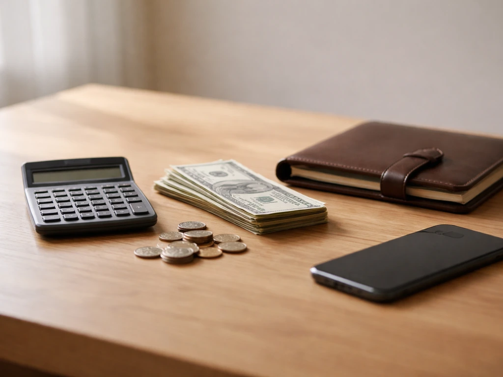 Minimal desk scene with scattered cash, a calculator, and a notepad symbolizing a career earnings breakdown.