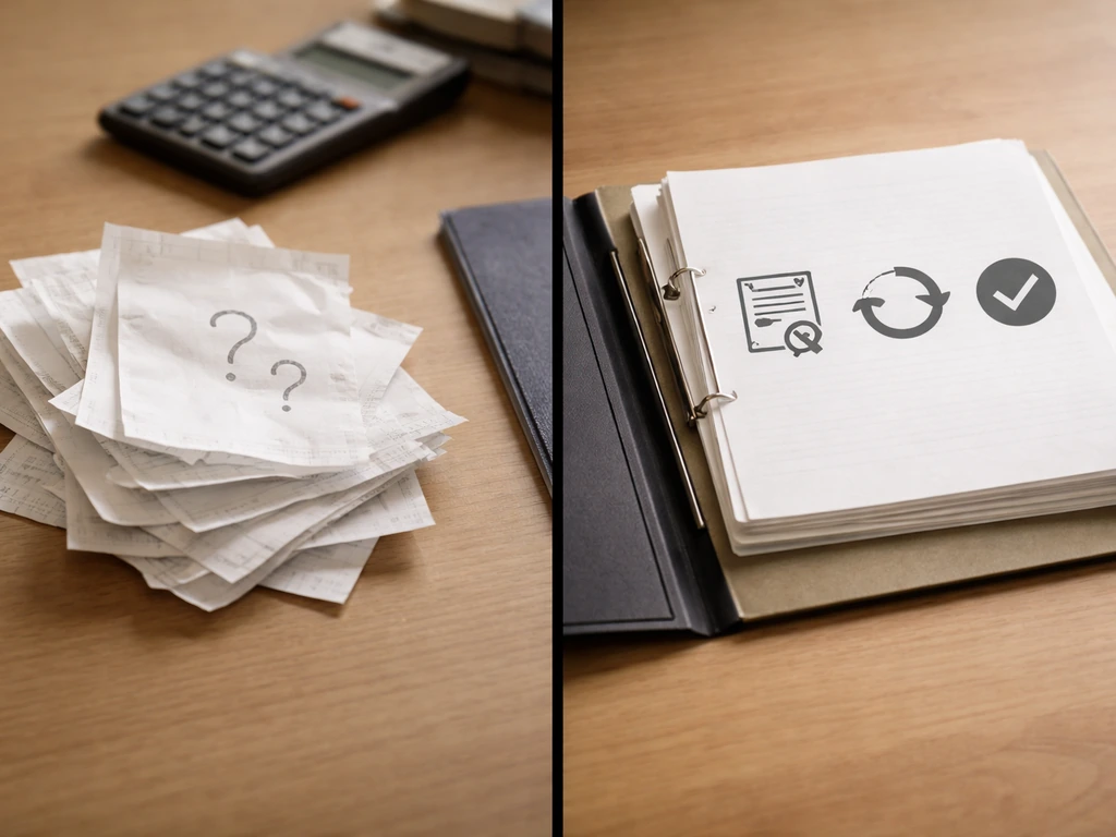 Minimal split scene: anonymous finance documents with source icons vs vague question marks symbols