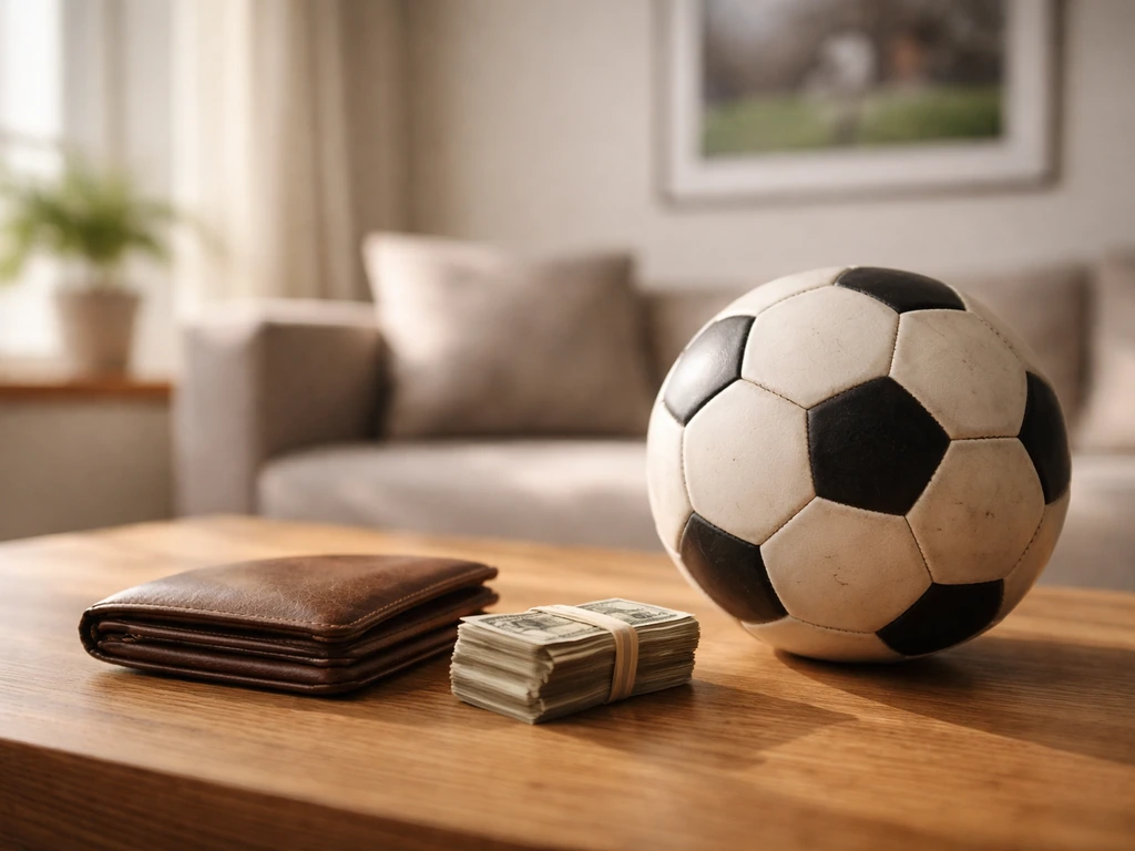 Minimal sports-and-wealth themed photo: a football by a window beside a leather wallet and cash-free hints of finance.