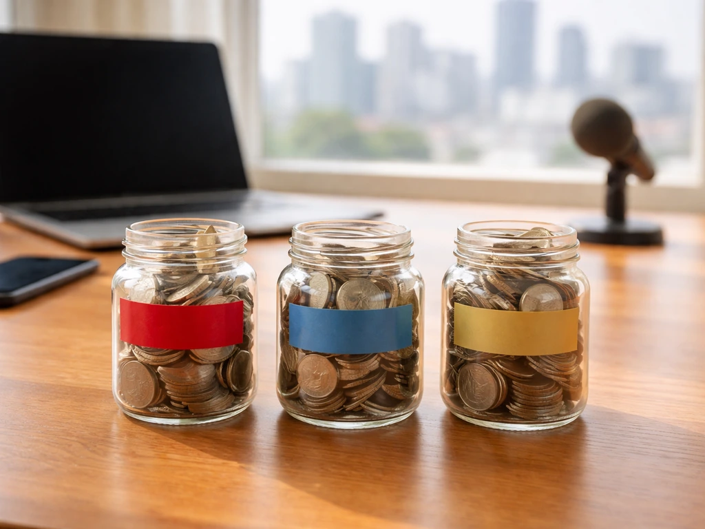 Three colored coin jars on a desk with a finance/media vibe, symbolizing career earnings phases.