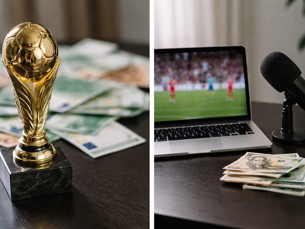 Split symbolic photo: gold trophy and euro cash on one side, laptop and currency with mic on the other.