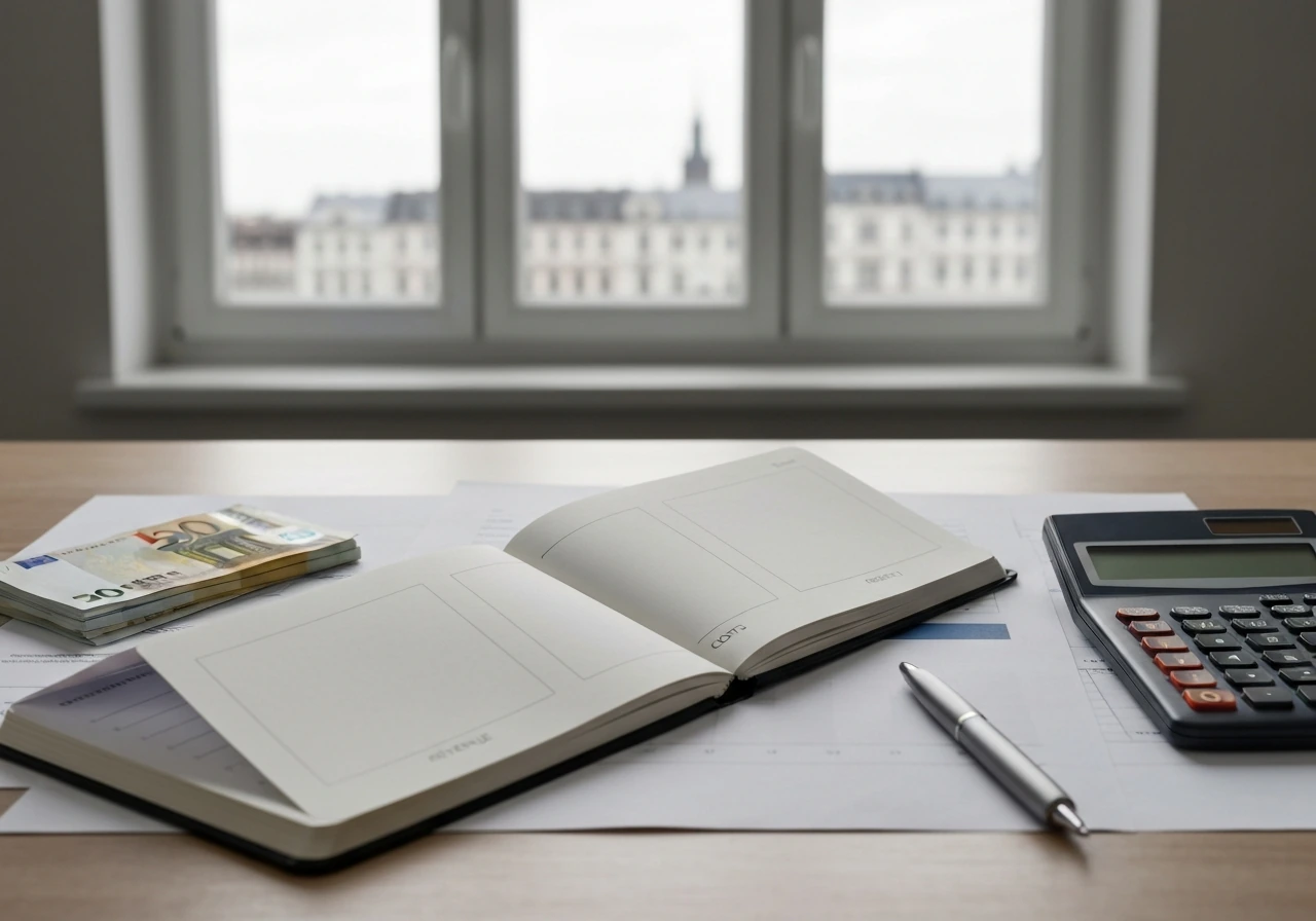 Minimal finance desk scene with notebook, calculator, and euro banknotes suggesting revenue, costs, and debt.