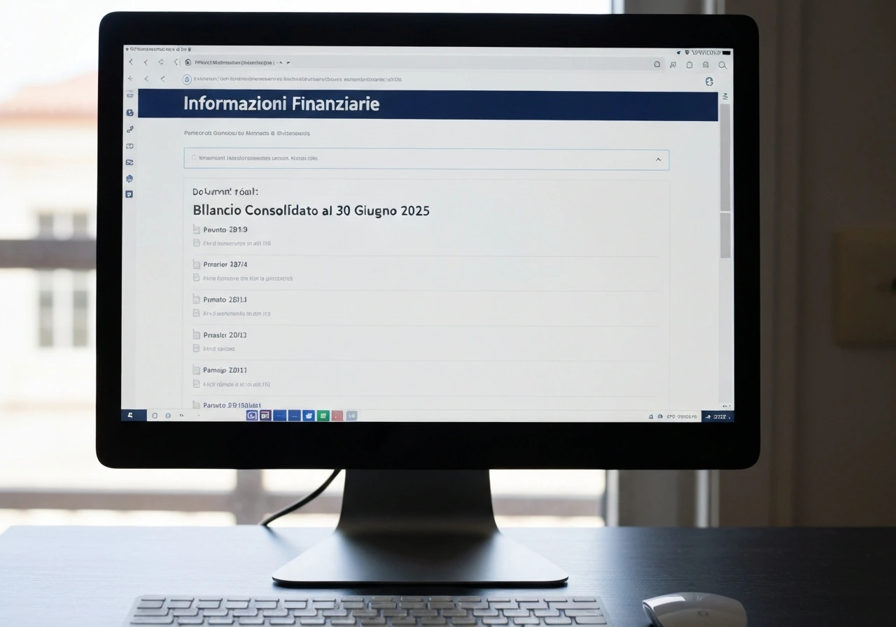 Photo-like screenshot of an Italian club’s official financial reporting page with a document list, on a desk monitor.