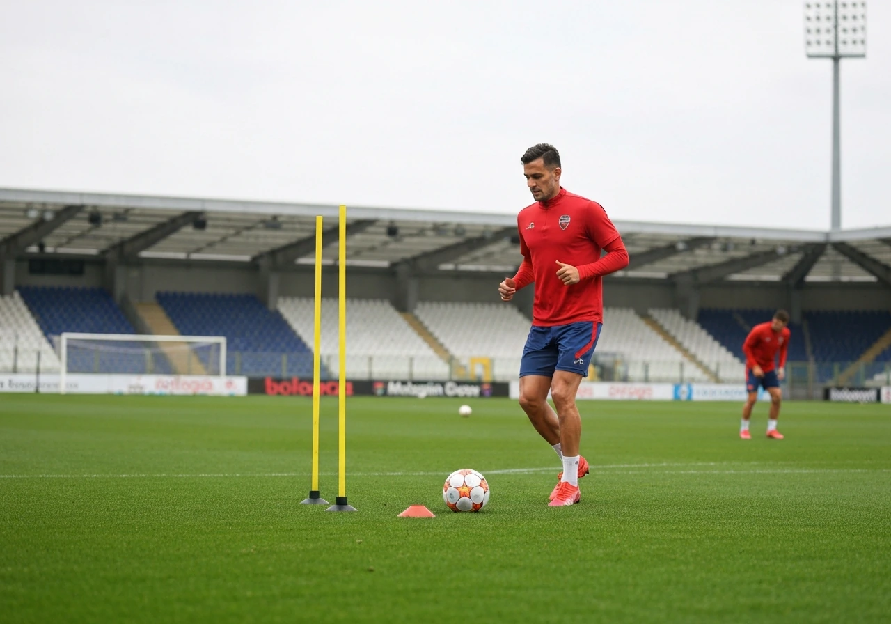Soccer players in a quiet training session, a captain-like figure in focus, stadium lights in the background.