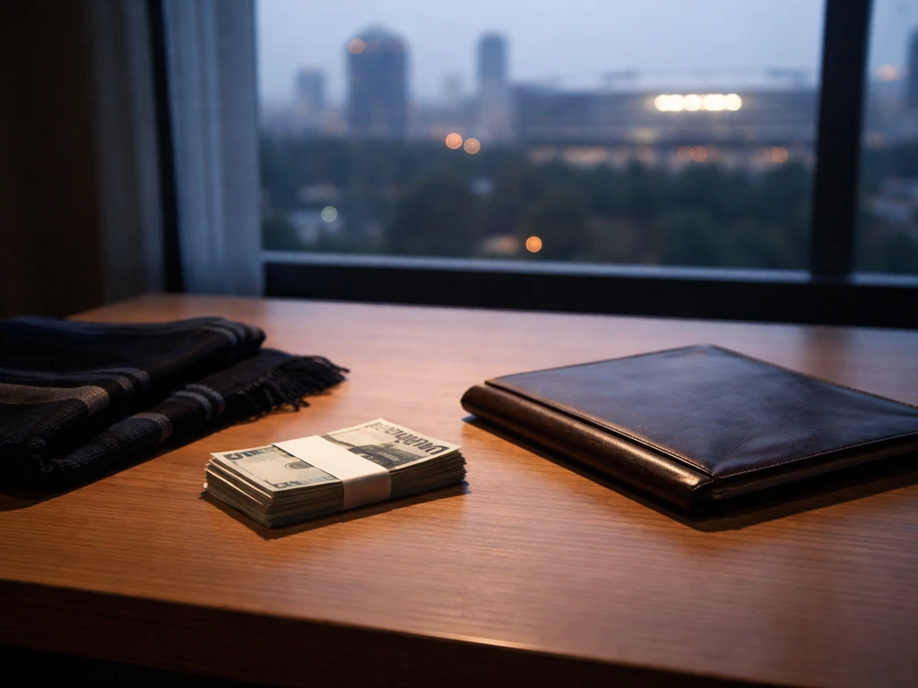 Minimal office desk with a football scarf and scattered cash-like props, suggesting career earnings by era