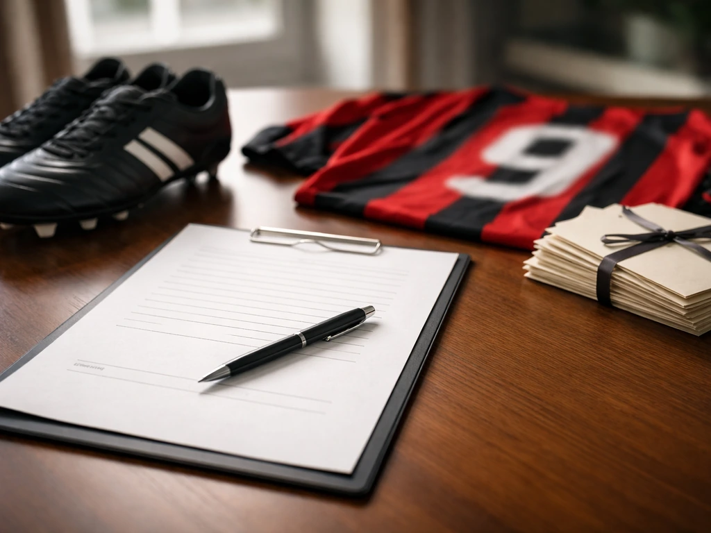 Signed contract on a desk beside a football jersey and boot, symbolizing contract bonuses and performance triggers.
