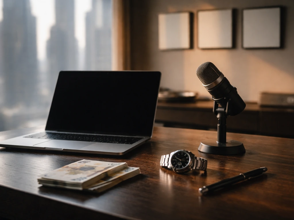 Minimal luxury office desk with microphone, watch, and euro notes symbolizing elite football wealth tiers