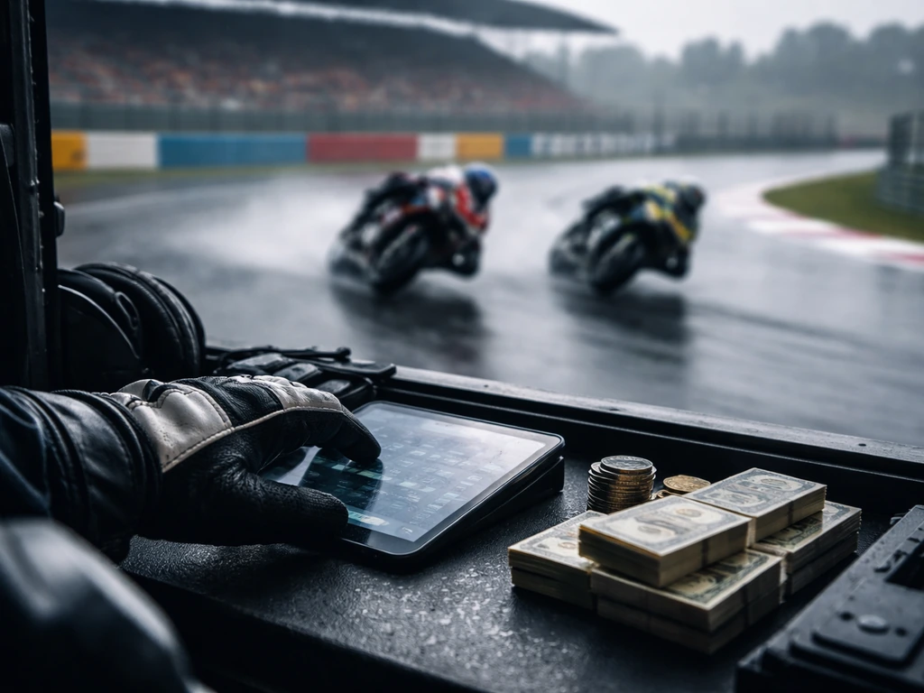 MotoGP track corner with leaned bikes and a blurred finance-analysis vibe in a quiet garage setting.