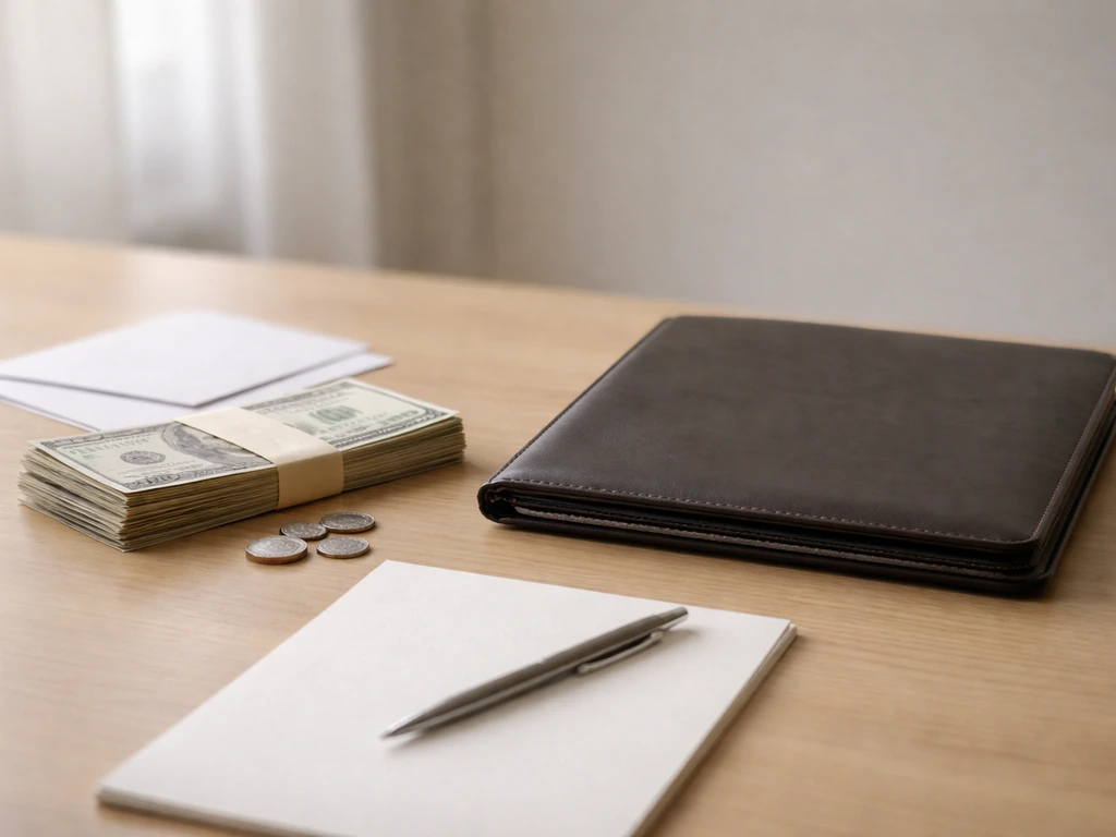 Minimal photo of a desk with cash and an open folder, symbolizing earnings vs net worth concepts.