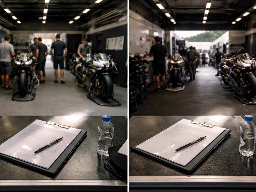 Split-screen of two MotoGP pit garages: factory-style with stronger sponsorship feel vs satellite-style, highlighting gu