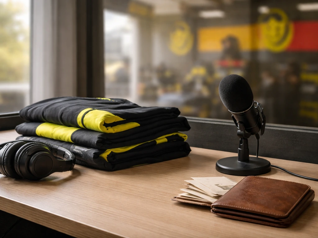Minimal photo of a VR46-themed racing lounge with cash-like envelopes and media gear on a desk