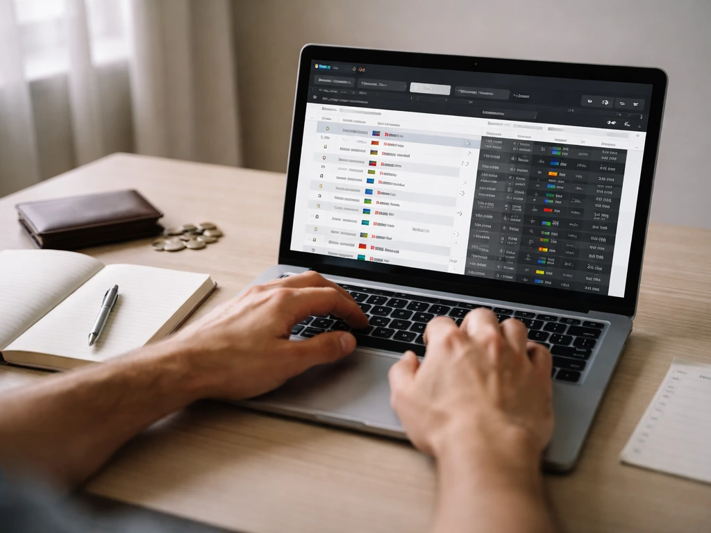 Person reviewing MotoGP results-style data on a laptop with source cross-check notes, minimal workspace.