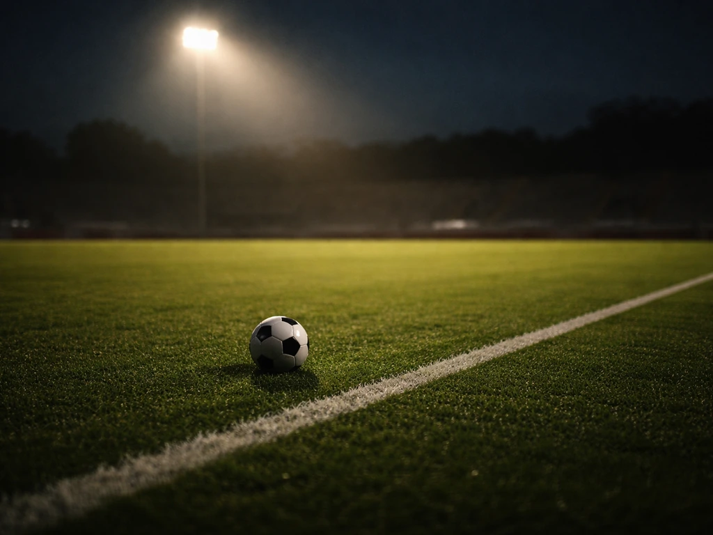 Empty football pitch at dusk with a single spotlight glow, symbolizing a celebrated pro career and wealth interest.