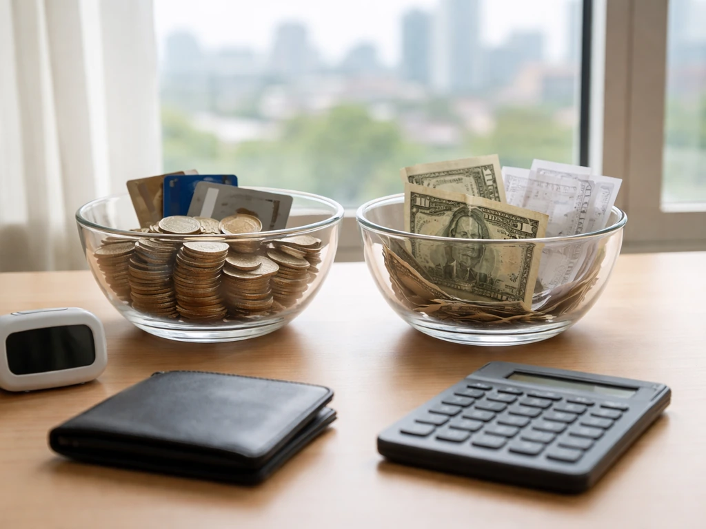 Minimal desk scene with two glass bowls—coins and cards vs bills and receipts—symbolizing assets minus liabilities.
