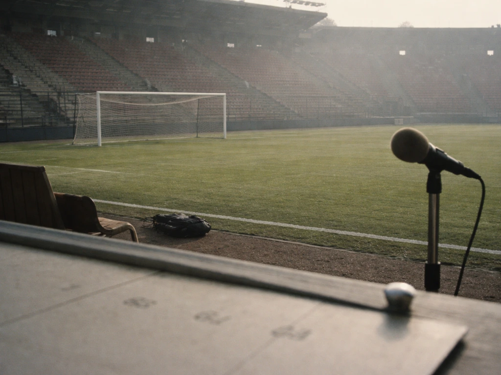 Empty Sparta Prague matchday stadium with a vintage press microphone and a small calendar timeline marker