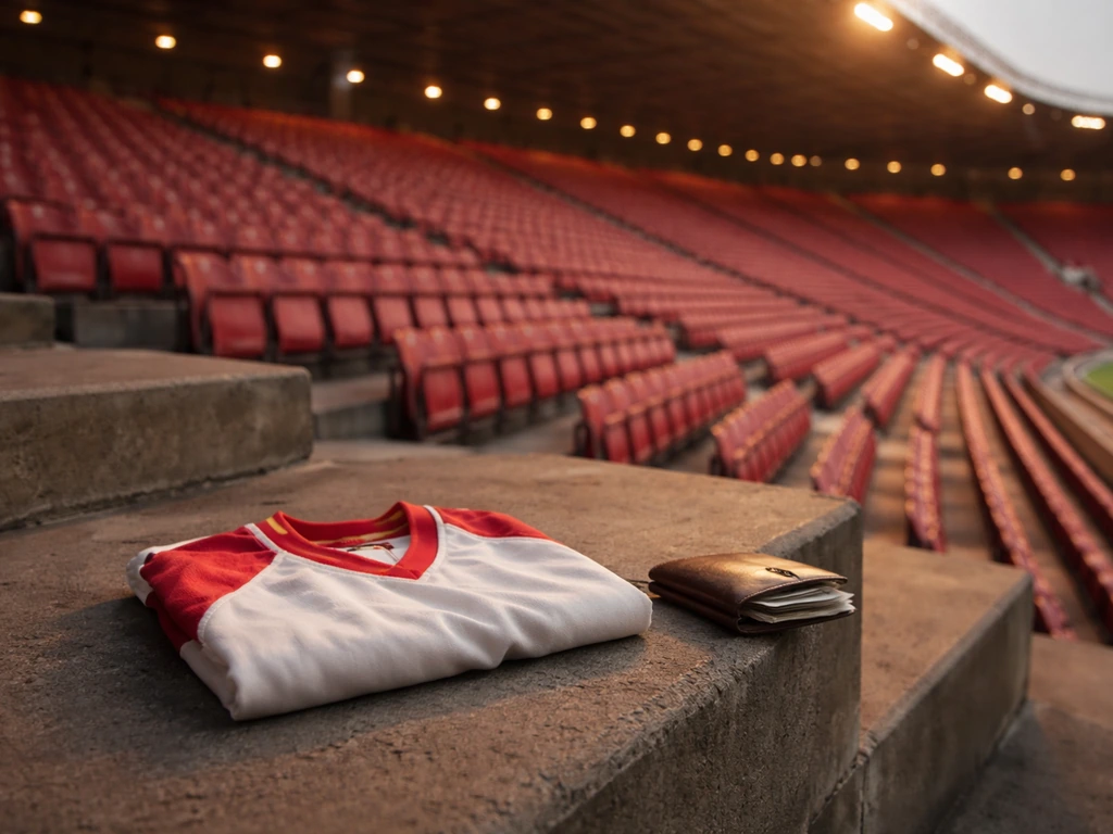 Empty Emirates-style football stadium seat rows with a vintage soccer jersey and a money-like wallet on the ground