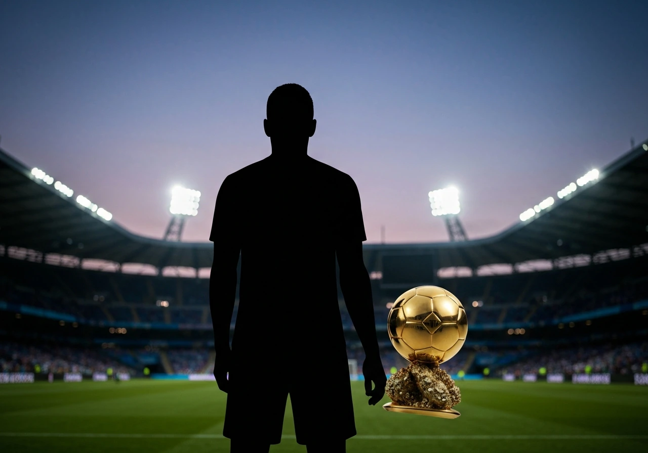 Generic soccer player silhouette holding a gold Ballon d’Or-style trophy in a dusk stadium.