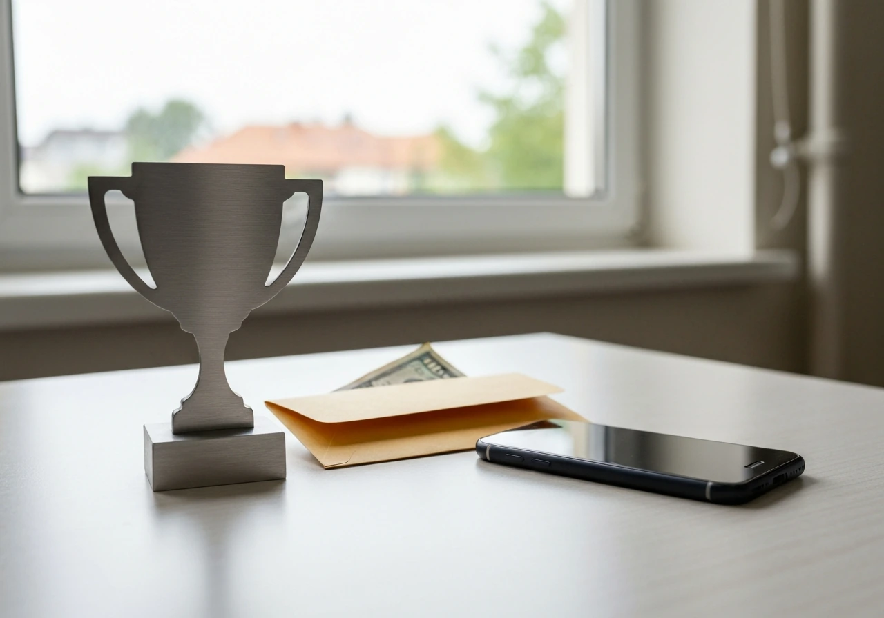 Metal trophy silhouette on a desk beside an envelope of cash and a dark smartphone screen, implying prize vs wealth.
