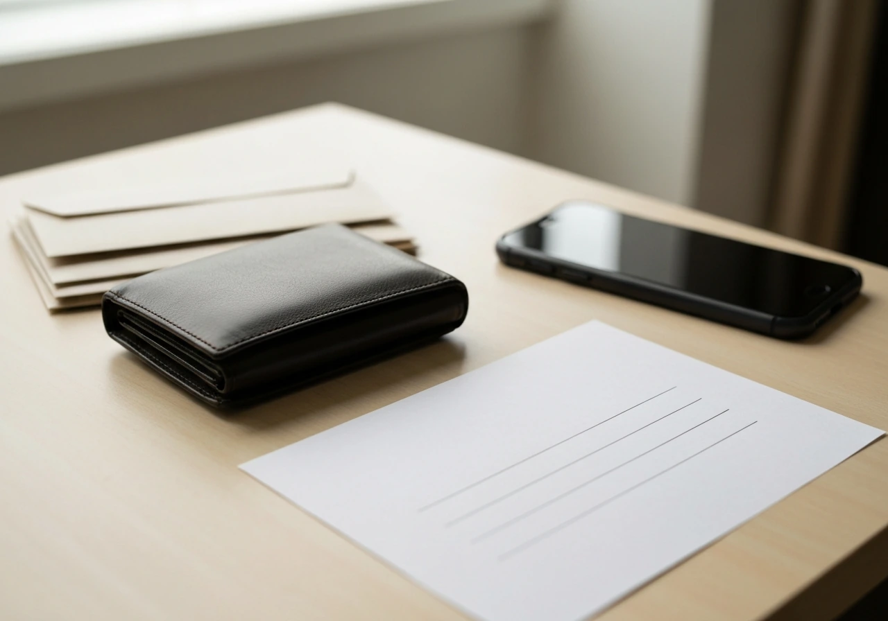 Minimal desk scene with wallet, envelopes, and blank paper suggesting building a net worth estimate.