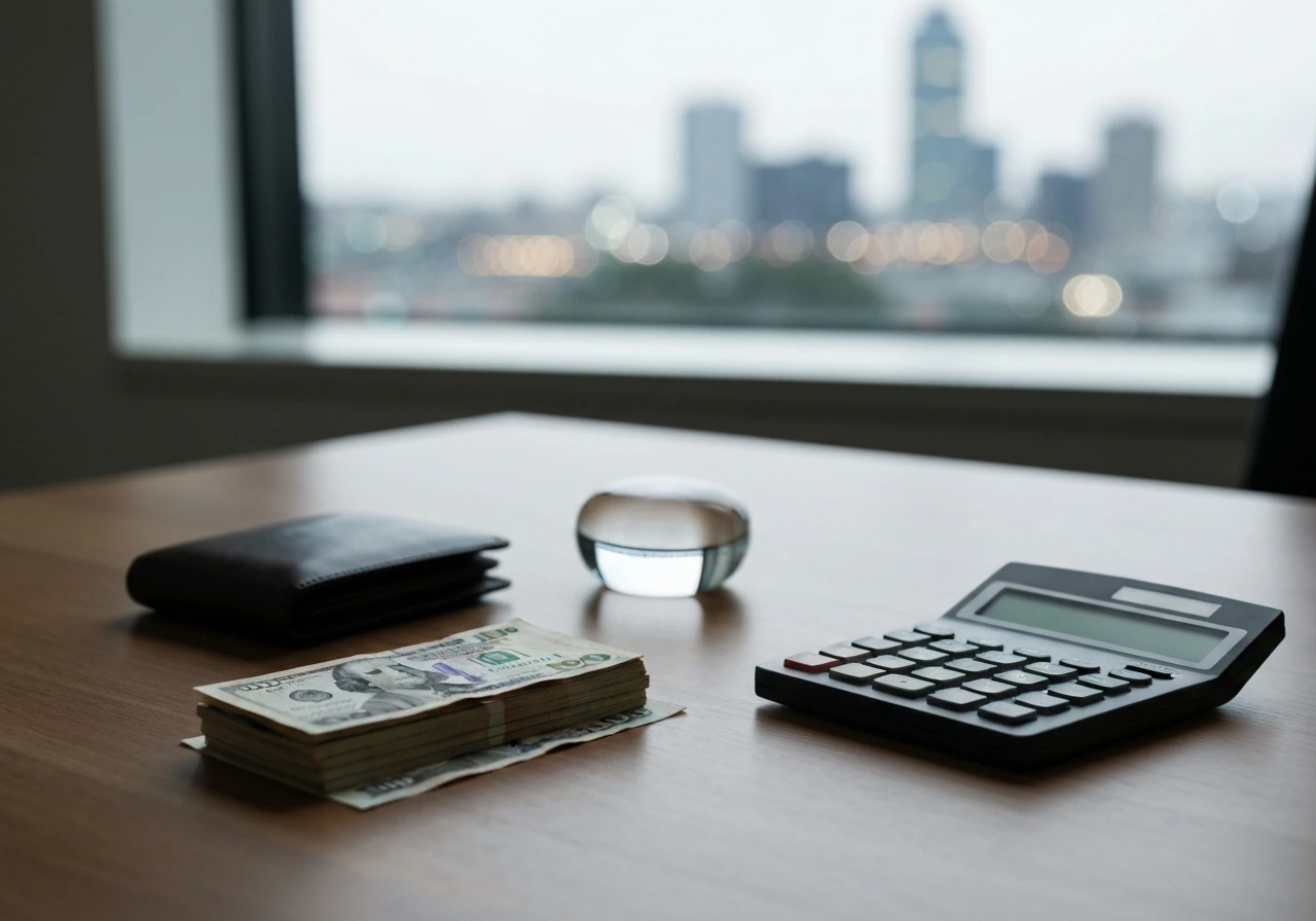 Minimal desk scene with a spread of cash, a calculator, and a blurred city skyline backdrop