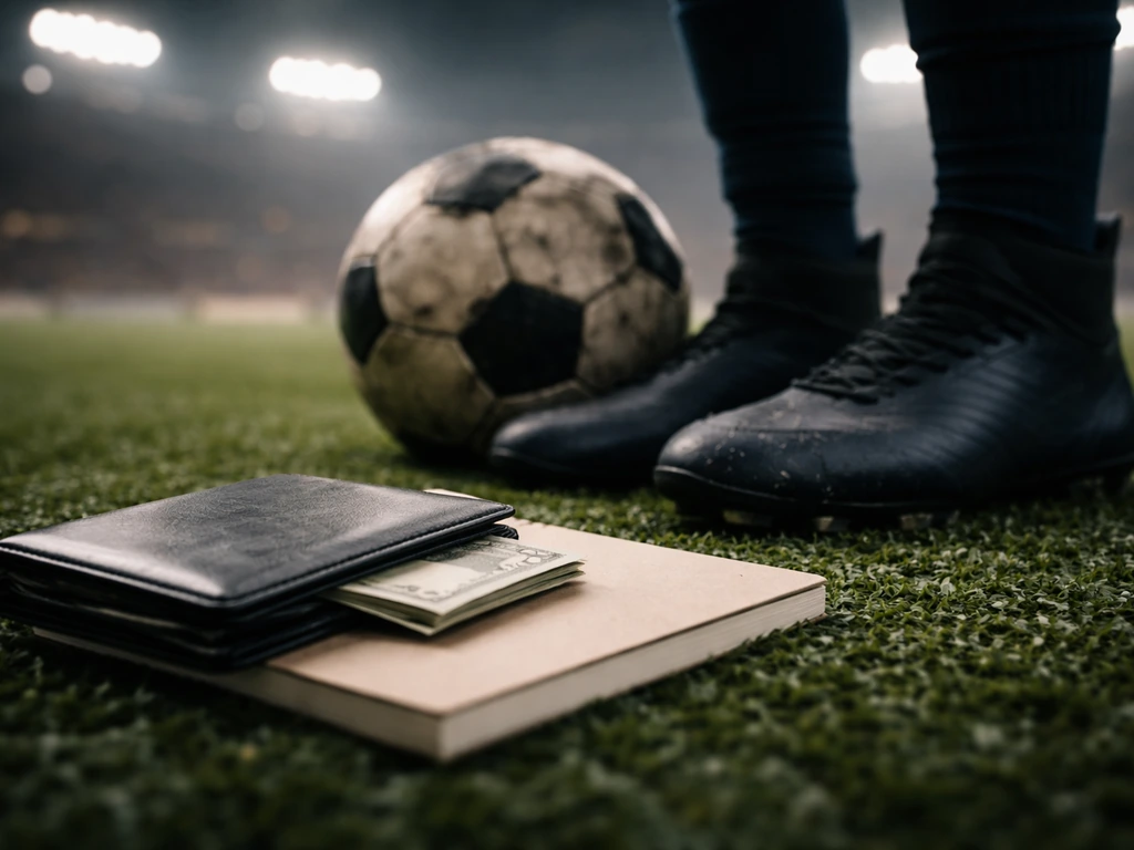 Chelsea-themed football boots and a match ball near a ledger-like notebook in a dramatic, money-symbolic scene