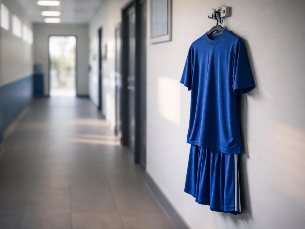 Chelsea football training facility hallway with a lone footballer’s kit hanging, symbolic career and wealth context