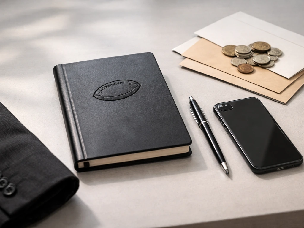 Minimal desk scene with a football-themed notebook and scattered money envelopes, symbolizing wage analysis