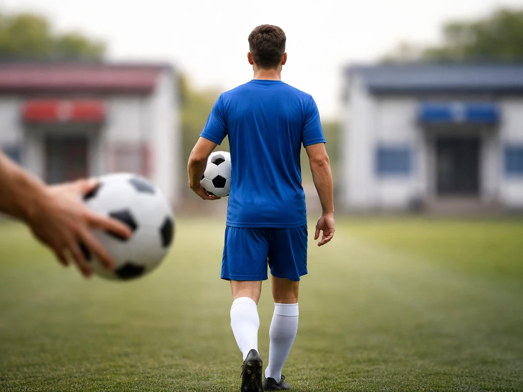 Generic footballer in blue kit holding a ball between two blurred club-like buildings, implying transfer between clubs.