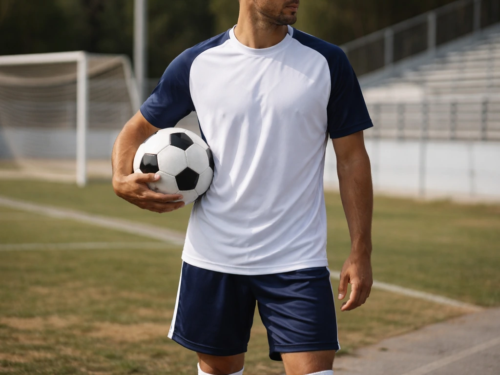 Anonymous French football striker in white-and-blue training kit holding a soccer ball on a quiet pitch