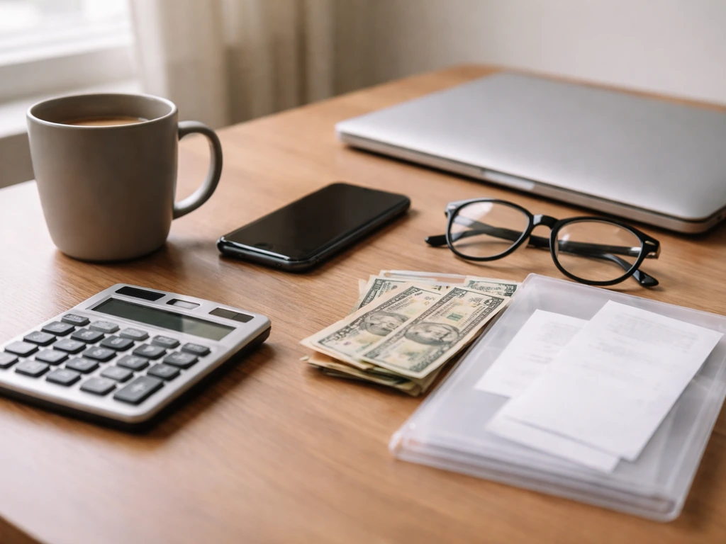 Minimal desk scene with calculator, phone, receipts folder, and cash suggesting net worth estimate inputs.
