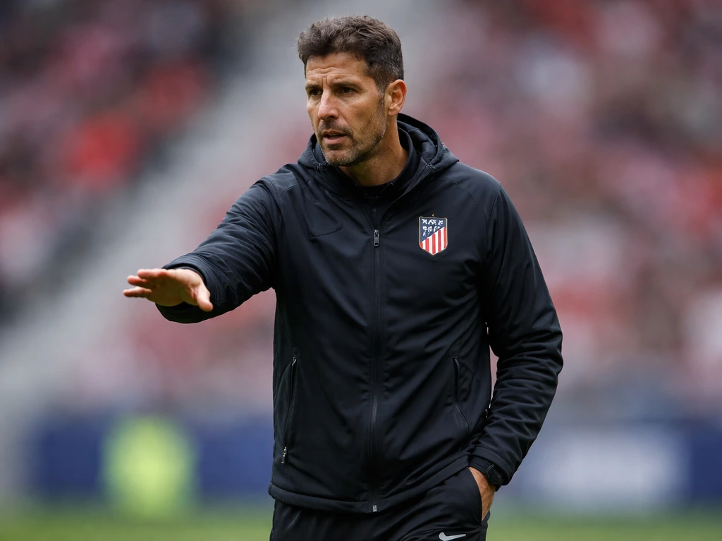 Diego Simeone in a quiet Atlético Madrid coaching moment near the touchline, focused and in motion.