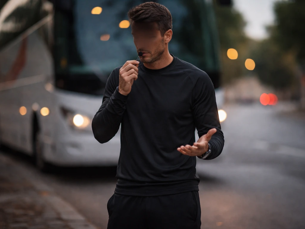 Anonymous male football coach wearing a club-style tracksuit speaking beside a parked team bus