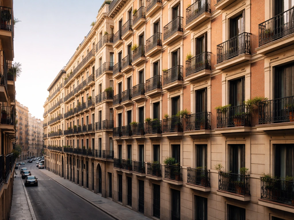 Madrid apartment building exterior with balconies, suggesting a large real-estate portfolio