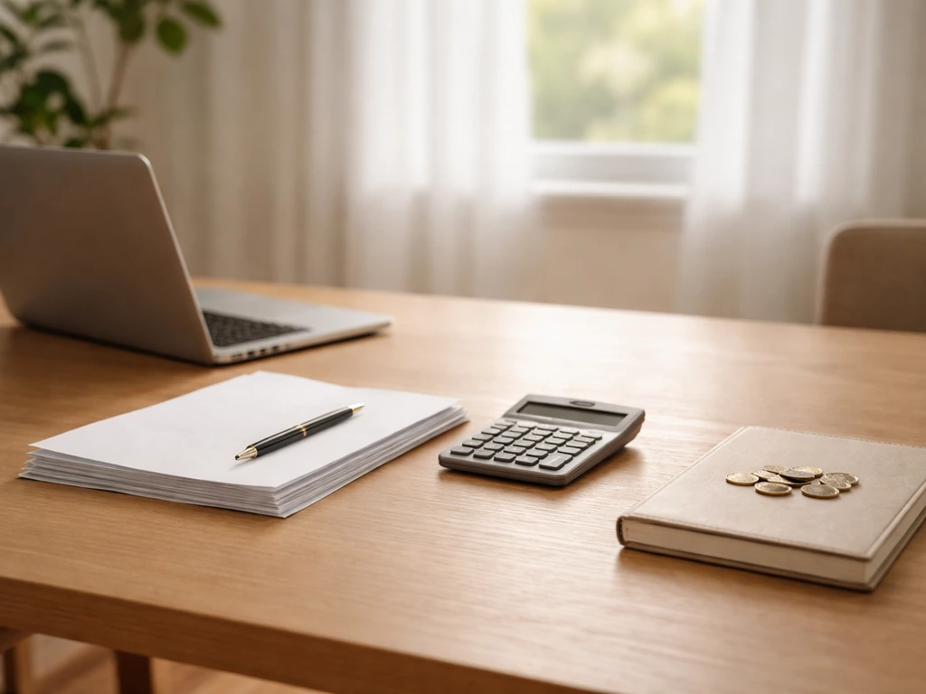 Minimal photo of a desk workflow: laptop, calculator, neatly stacked papers, and a coffee beside coins.