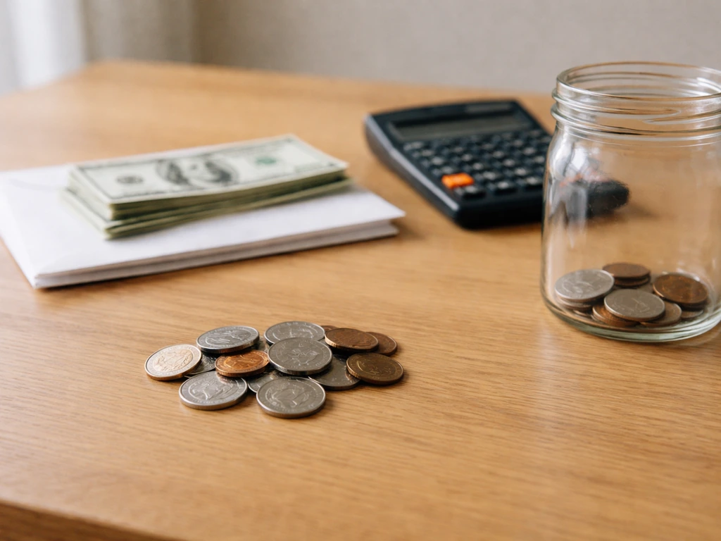 A clean desk scene with coins, an open envelope, and a calculator symbolizing income, expenses, and liabilities.