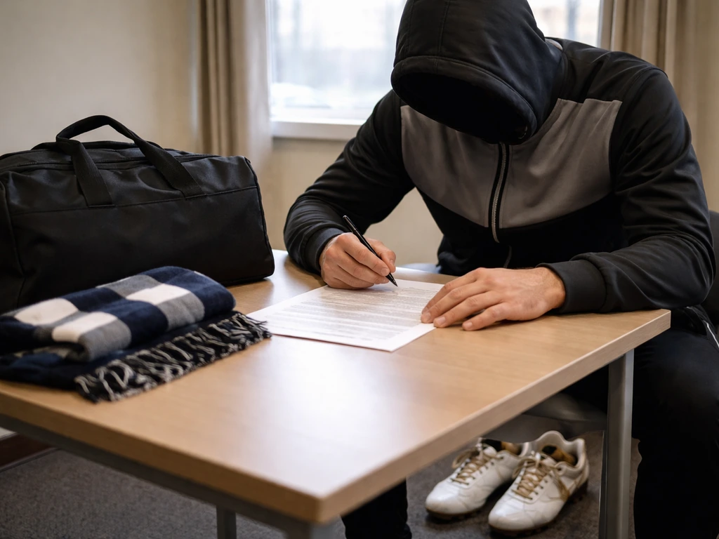 Anonymous footballer signing contract at a small office table with football gear nearby.