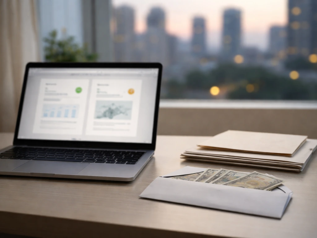 Split view of a laptop with finance documents and a blurred city backdrop, suggesting differing net-worth sources.