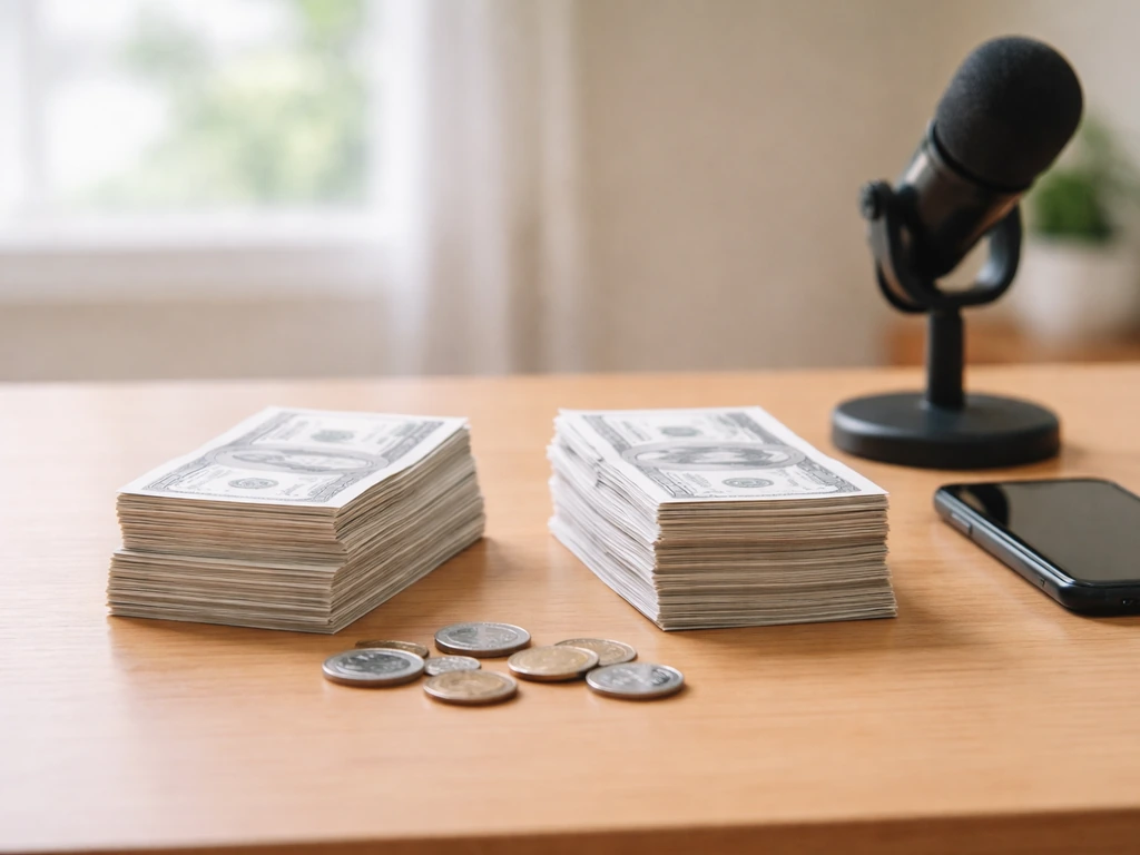 Minimal desk scene with coins, envelopes, and a phone/microphone symbolizing varying net-worth estimates
