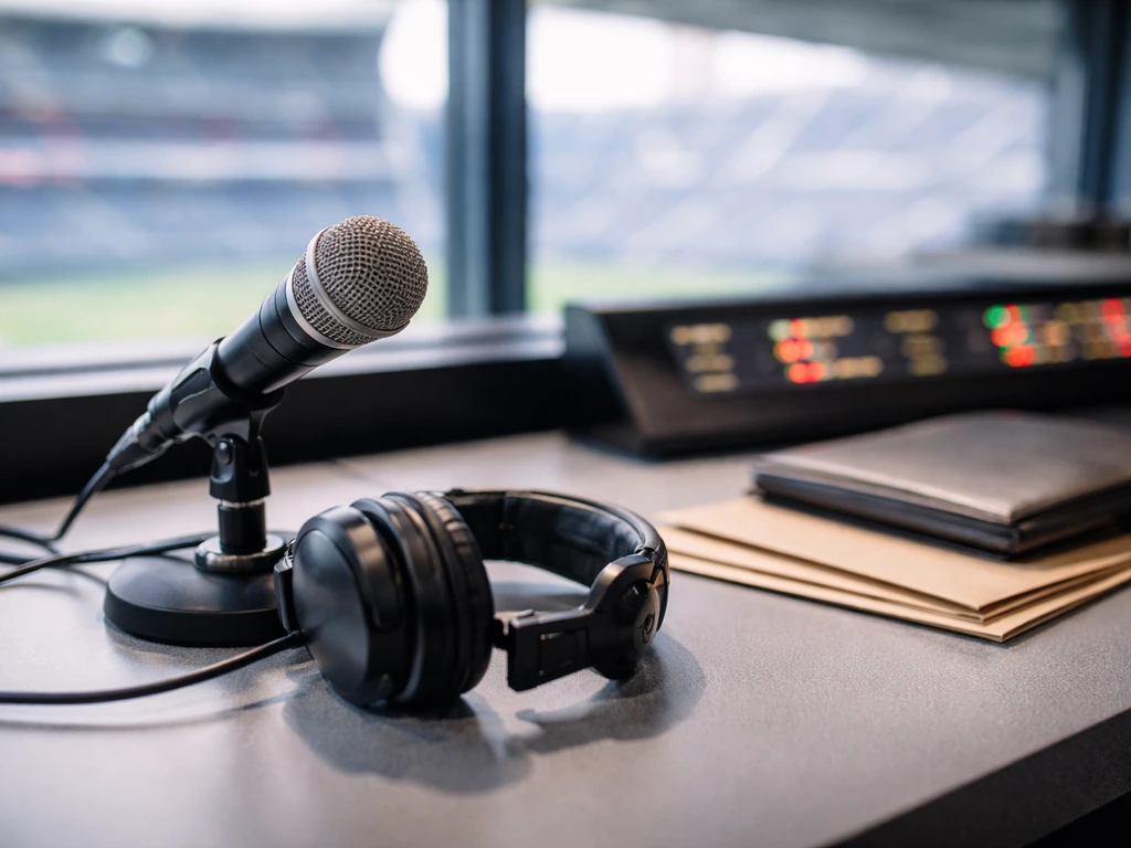 Sports studio desk with a microphone and portfolio, blurred stadium view in the background.