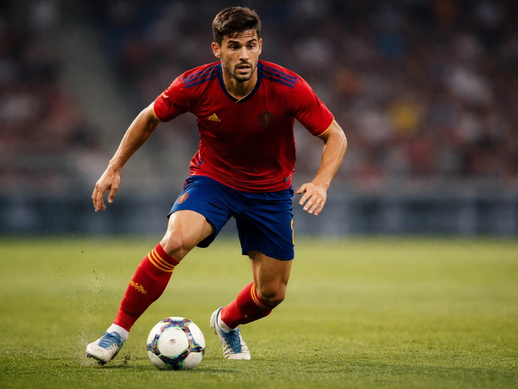 Football midfielder in action, controlling the ball in midfield during a match under stadium lights.