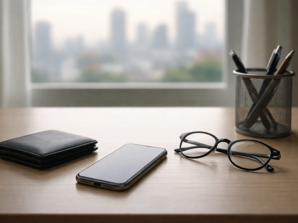 Minimal office desk with smartphone, wallet, and blurred city view suggesting earnings breakdown analysis.