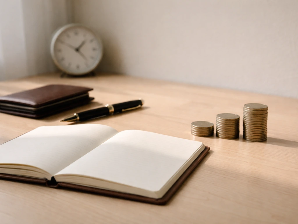 Minimal desk still life with coins arranged like rising steps, wallet and blank notebook under natural light.