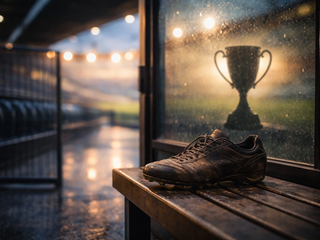 Blurred stadium concourse with a single football boot and trophy reflection, symbolizing football legacy and wealth.