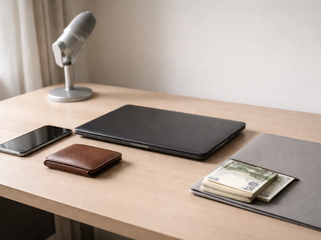 Minimal finance desk scene with laptop, smartphone, wallet, and euro cash—symbolizing wealth comparison.