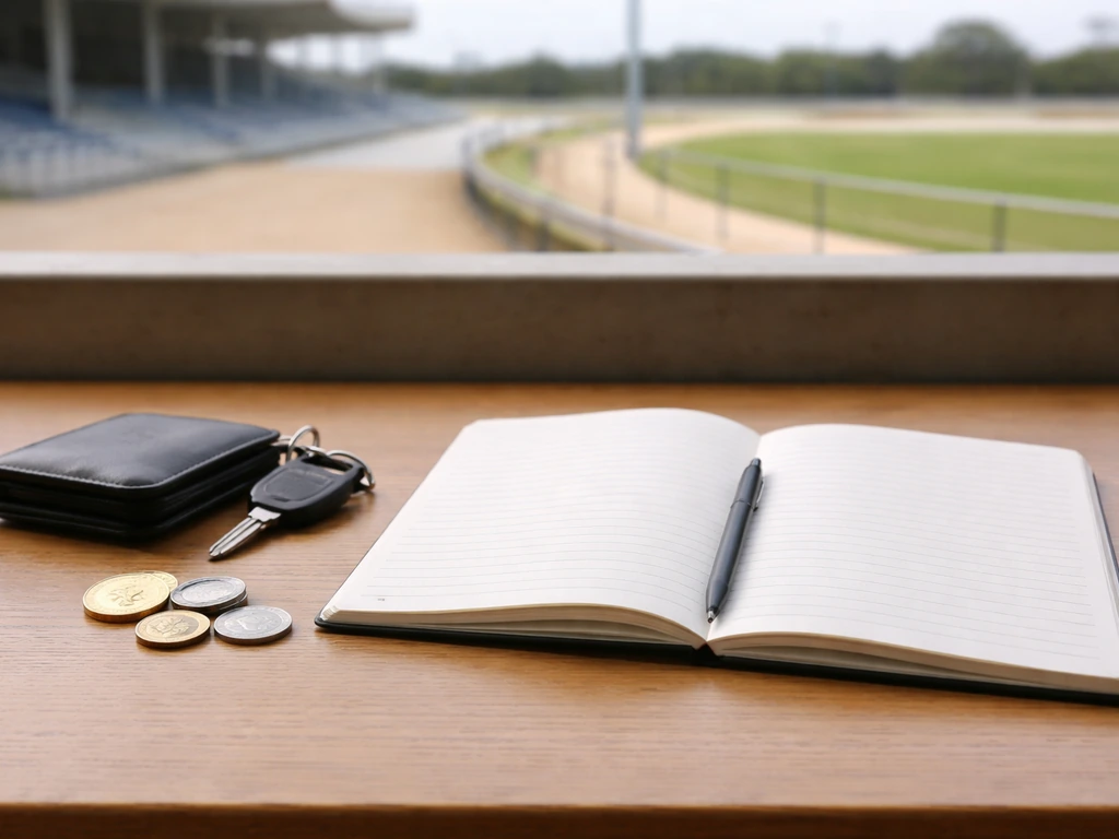 Coins and an open notebook on a desk with a softly blurred racetrack in the background.