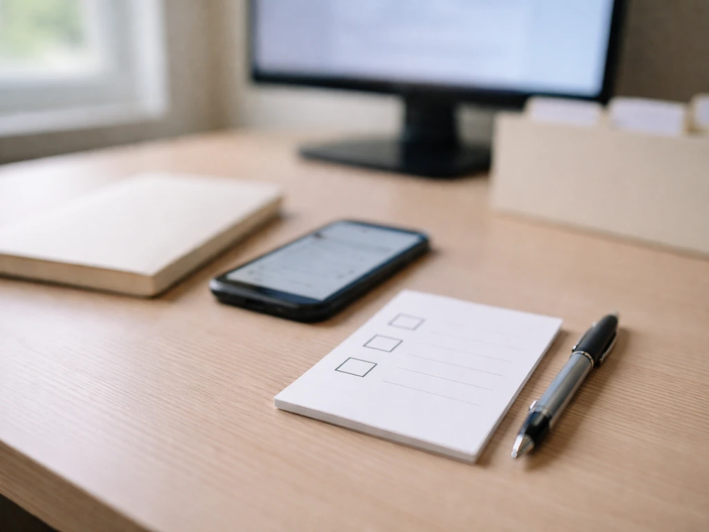 Desk checklist with blank checkboxes, pen, and phone implying public-record verification steps.